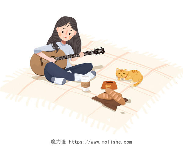 彩色手绘卡通秋天小女孩弹吉他野餐秋游元素PNG素材
